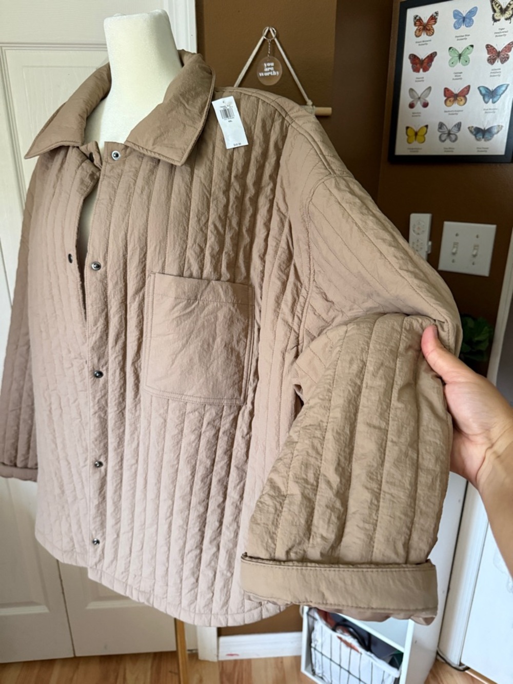 NWT Old Navy Quilted Lightweight Puffer Tan Oversized Snap-Front Jacket / XXL - Picture 4 of 10